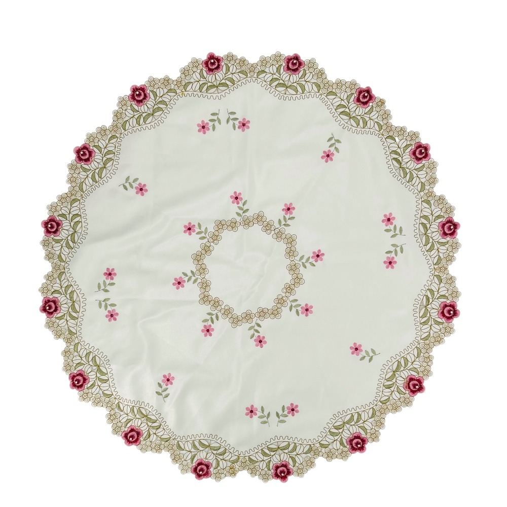 Vintage Floral Embroidered Round Table Topper Doily 33" Lace Edge Pink